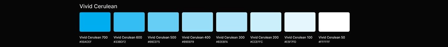 Vivid Cerulean color ramp from a saturated 700 step to near white, each swatch labeled with its name and hex code.