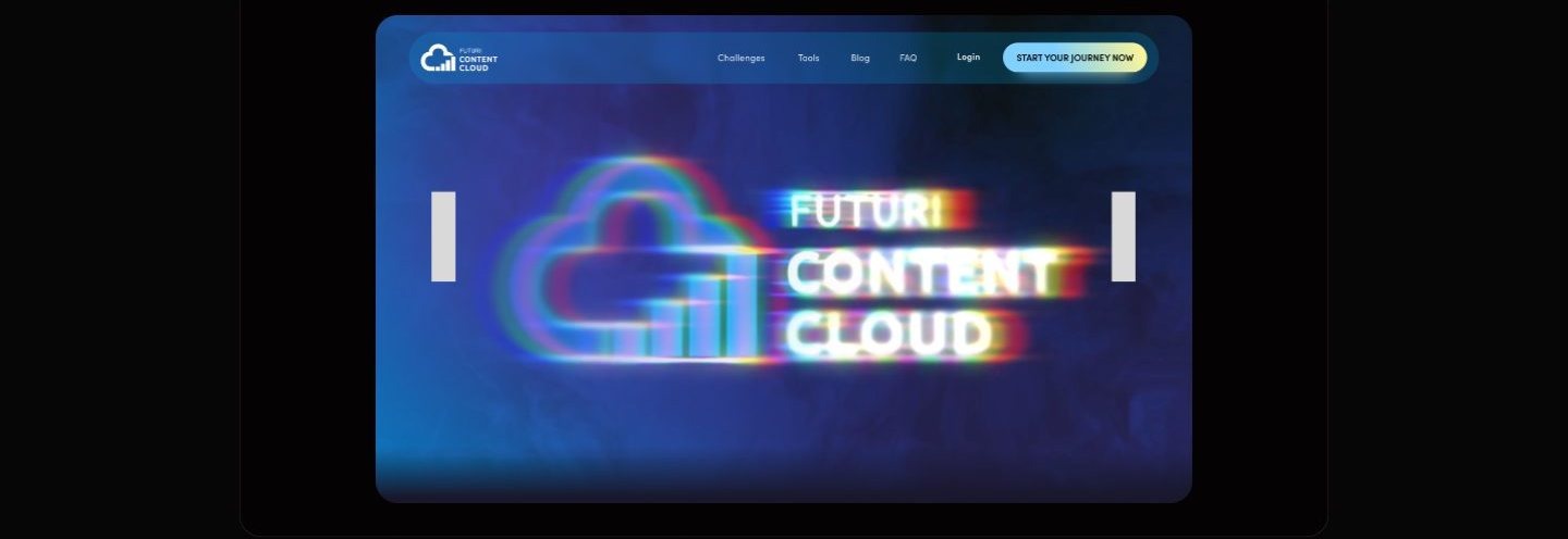 Hero screen with a navy navigation bar and a glitching chromatic Futuri Content Cloud wordmark and cloud icon over a deep blue textured background.
