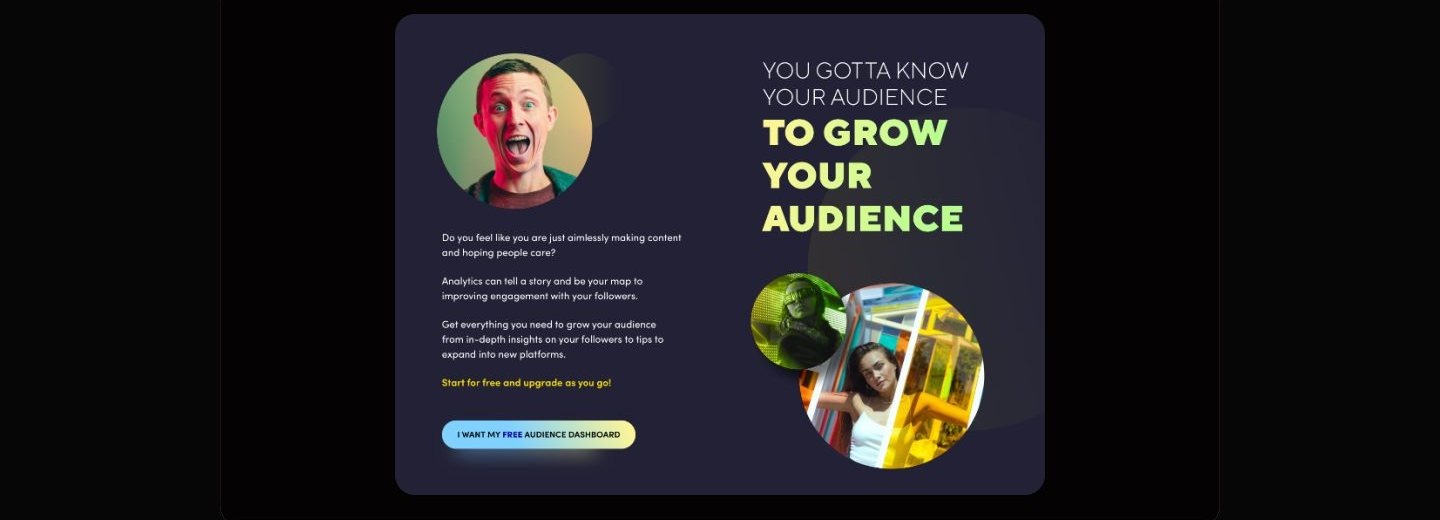 Landing section with lime headline reading you gotta know your audience to grow your audience, portrait photos in circles, and a free dashboard button.