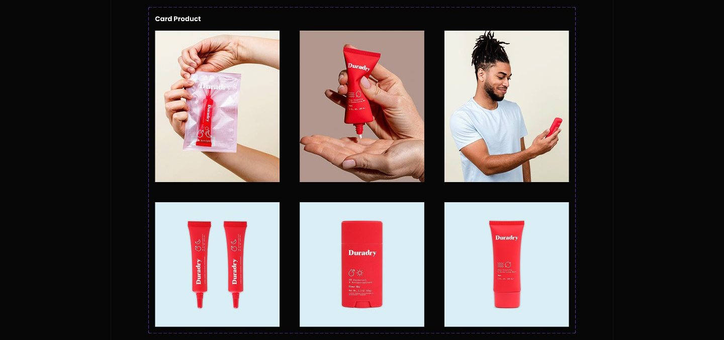 Card Product sheet with six tiles, three lifestyle photos of people using Duradry above three packshots of red products on light blue squares.