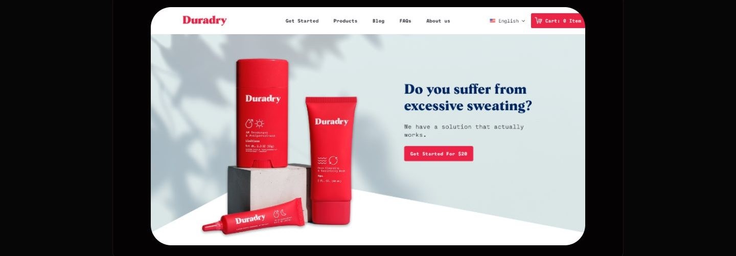 Duradry homepage hero with three red products on a pale blue ground with leaf shadows, a headline asking do you suffer from excessive sweating, and a red Get Started For 20 dollars button.