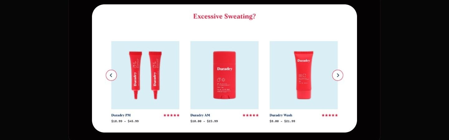 Product carousel showing Duradry PM, AM, and Wash on pale blue tiles with star ratings and price ranges under an Excessive Sweating headline, with blank space where intro copy sat.