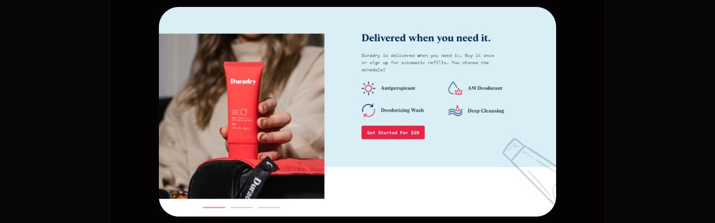 Delivered when you need it section, photo of a woman holding a Duradry tube beside four icon benefits and a red Get Started button.