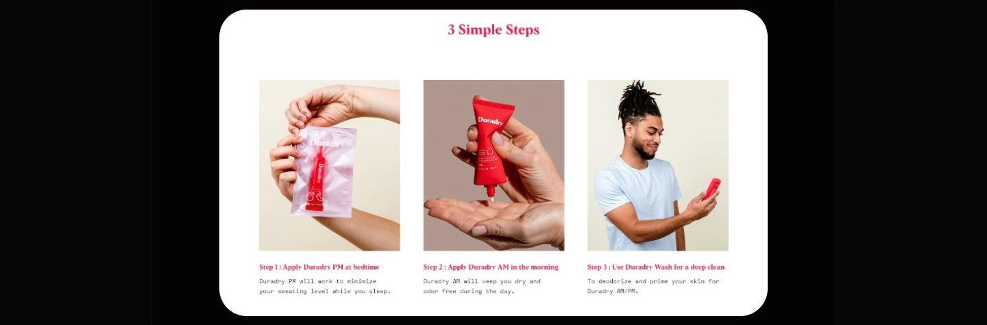 3 Simple Steps section with three photos, hands opening a PM sachet, applying AM cream, and a man holding the wash, each with a step caption.