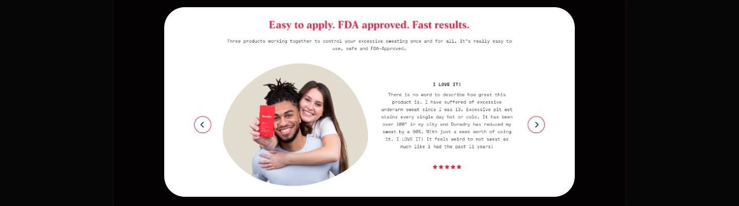 Testimonial section with two smiling people holding a Duradry product beside a monospaced customer review, reviewer name masked, under an Easy to apply headline.