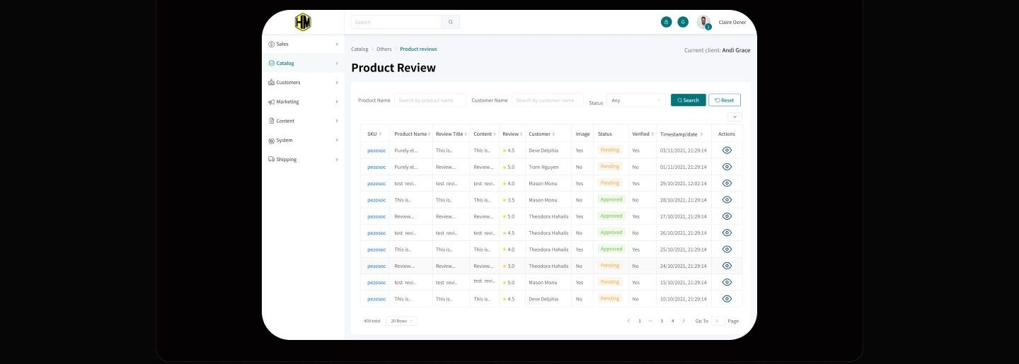 Admin dashboard with left sidebar, Product Review breadcrumb, filter bar, and a wide review table with orange Pending and green Approved badges.