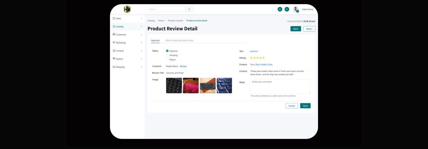 Product Review Detail screen with approval radio buttons, a row of customer keyboard photos, a five star review praising blue potato chips, and a public reply box.