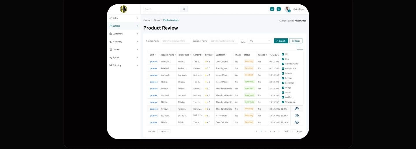 Product Review table with a column visibility checklist open in the header, listing SKU, Product Name, Review Title, Content, and more, all checked.