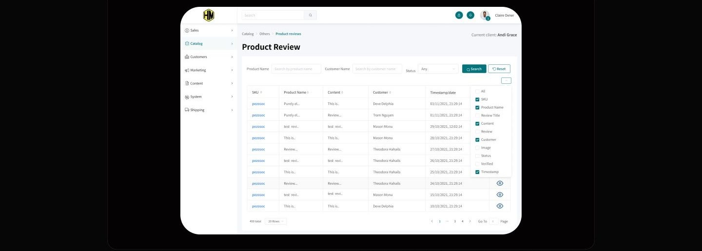 Product Review table reduced to SKU, Product Name, Content, Customer, and Timestamp columns, with the column checklist open at right.