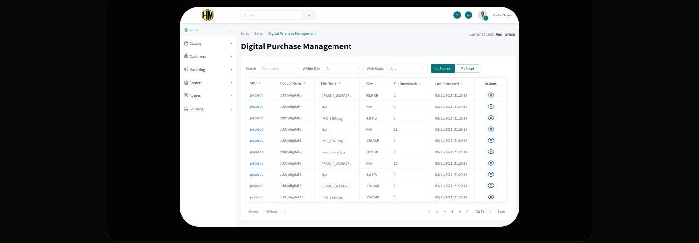 Digital Purchase Management table listing SKUs, file names, sizes, download counts, and last purchased dates under a search and status filter bar.