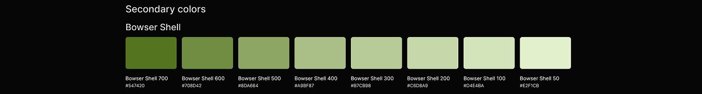 Secondary color ramp named Bowser Shell showing eight green swatches from a deep olive 700 down to a pale 50, each labeled with its hex value.