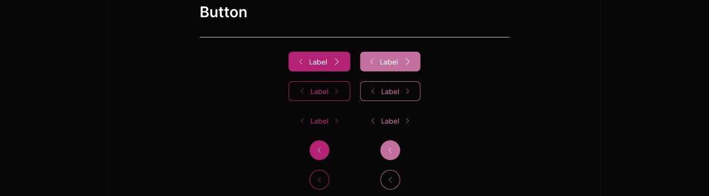 Button component sheet showing magenta filled, outlined, and text-only label buttons with chevron icons, plus circular icon-only buttons, each in enabled and muted disabled states.
