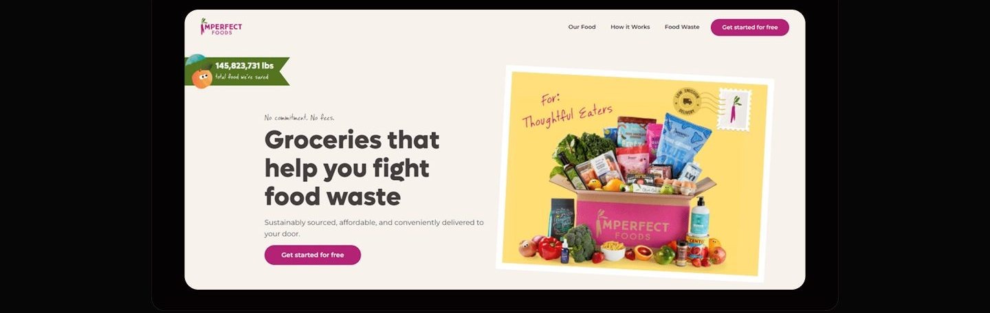 Homepage hero with the headline Groceries that help you fight food waste, a green badge showing total pounds of food saved, a magenta Get started for free button, and a yellow photo of a pink Imperfect Foods box stamped For: Thoughtful Eaters.