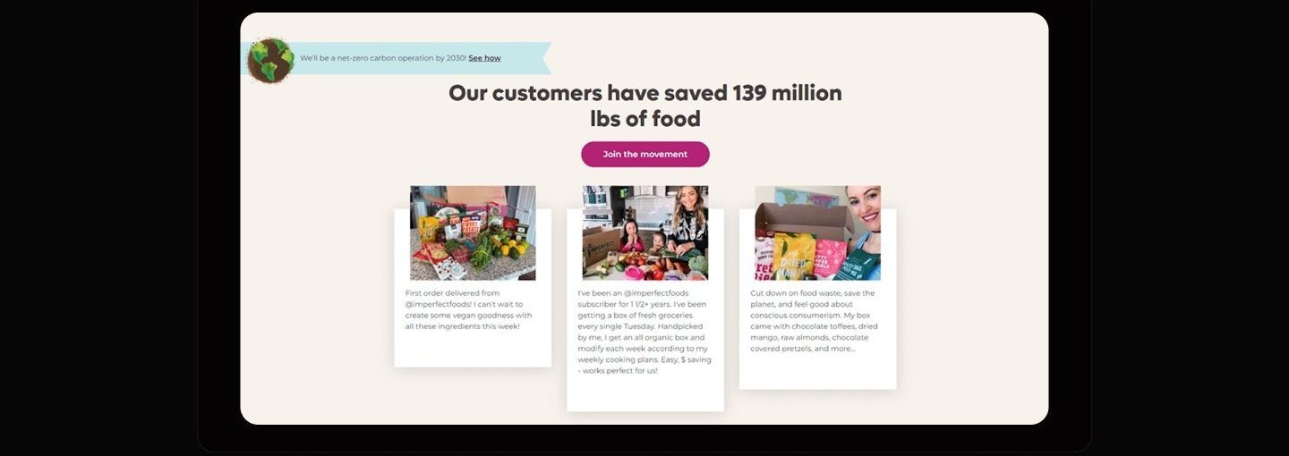 Community section headlined Our customers have saved 139 million lbs of food, a magenta Join the movement button, three testimonial cards with quotes about weekly boxes, photos of delivered produce and a smiling customer, handles removed, and a small net-zero by 2030 pledge banner above.