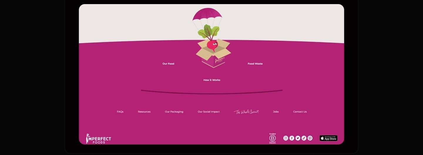 Magenta footer with a whimsical illustration of a beet descending by parachute into an open Imperfect Foods box, navigation links arranged around it, and a bottom row with logo, B Corp mark, social icons, and an App Store badge.