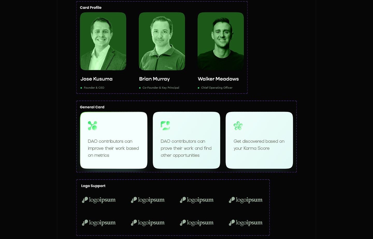 Component sheet showing three labeled groups: green-tinted profile cards with names and titles, white general cards with green icons, and a grid of placeholder support logos.