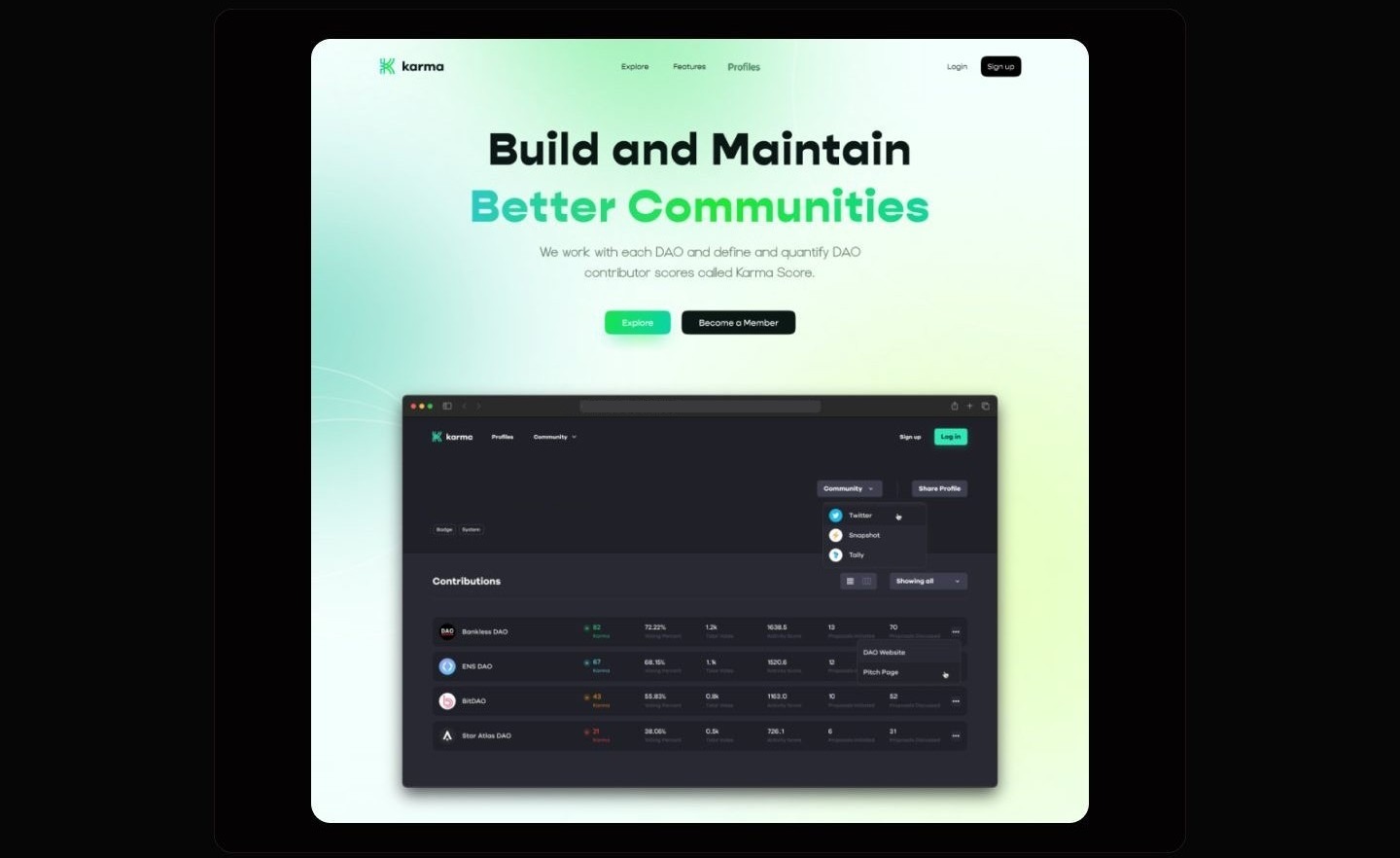Karma homepage hero on a soft green gradient, headline reading Build and Maintain Better Communities, above a dark browser mockup of a contributor profile with the name and wallet address blanked out, listing Bankless DAO, ENS DAO, BitDAO, and Star Atlas DAO as rows, each with its own voting, activity, and proposal figures.