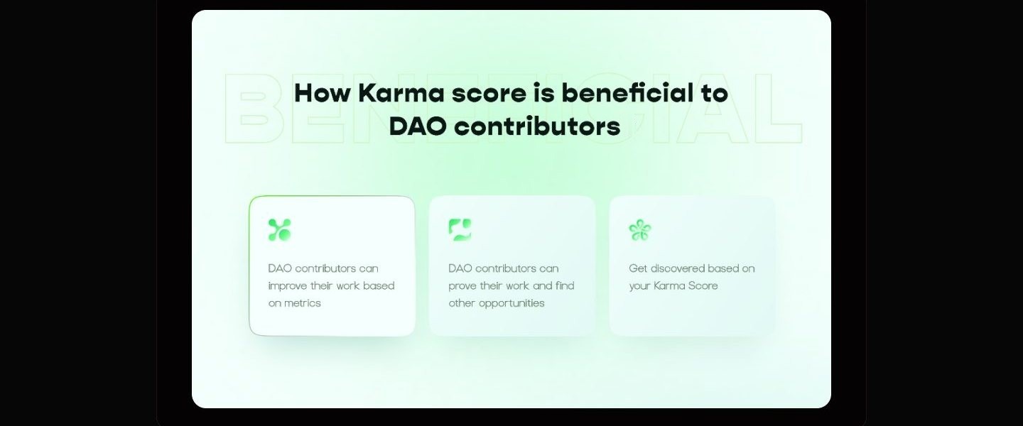 Benefits section titled How Karma score is beneficial to DAO contributors, with a ghosted BENEFICIAL wordmark behind the heading and three white cards with green icons describing improvement, proof of work, and discovery.
