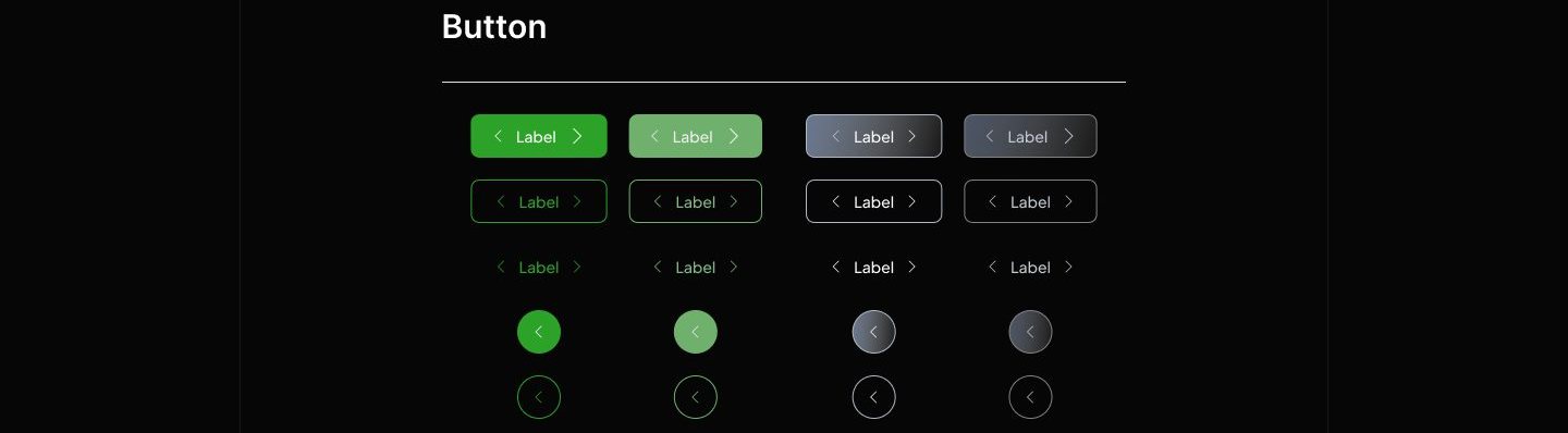 Button component sheet showing filled green, tinted, and neutral variants, outlined and text-only states with chevron affordances, and circular icon buttons in matching styles.