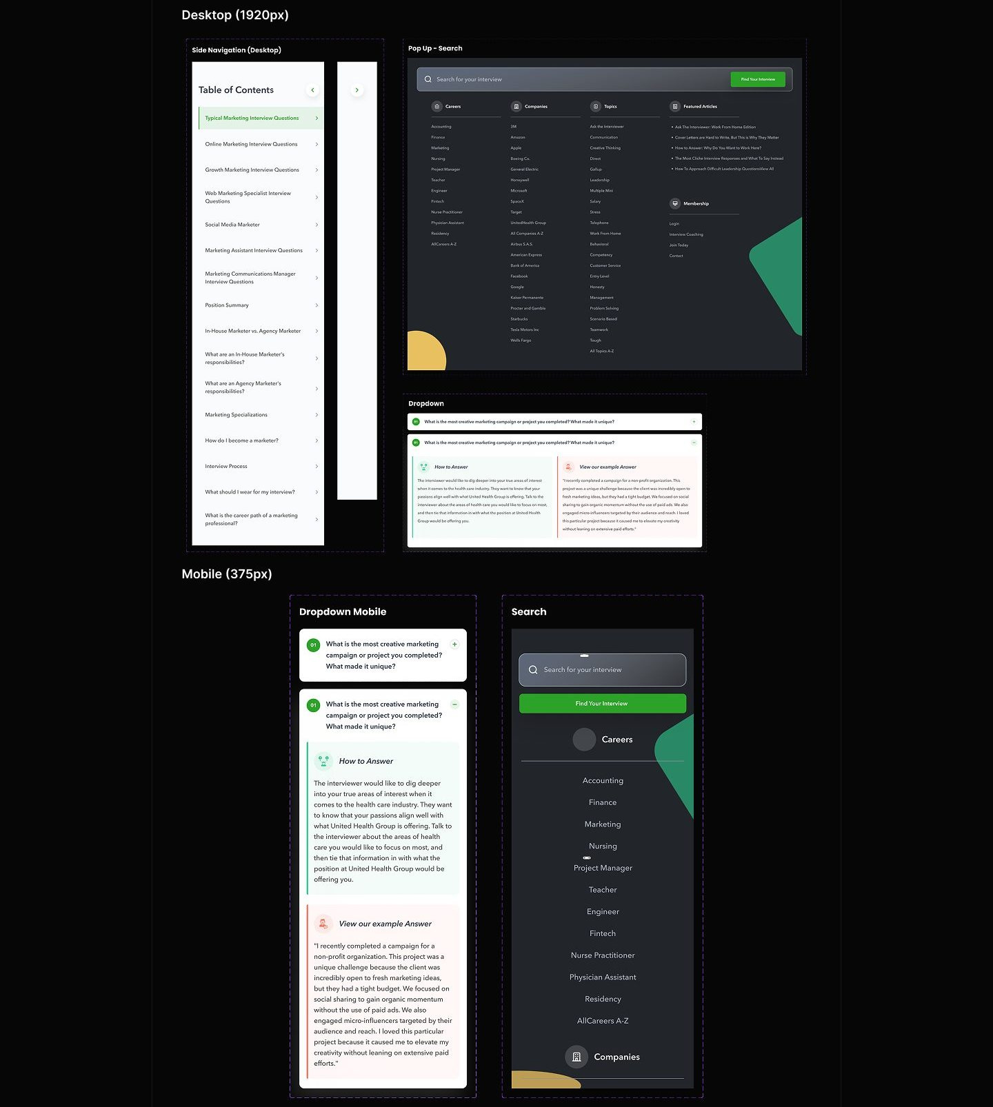 Component sheet on a dark board showing the desktop side navigation collapsed and expanded under a Table of Contents heading that lists marketing question categories, a pop-up search overlay, a question dropdown opened into How to Answer guidance about UnitedHealth Group, and 375px mobile versions of the dropdown and search.