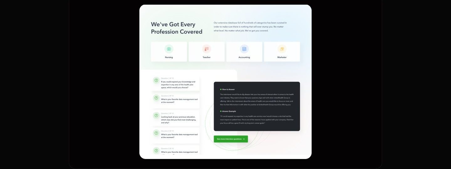 Light homepage section titled We've Got Every Profession Covered, with cards for Nursing, Teacher, Accounting, and Marketer above a numbered question list in which a favorite data management tool question repeats, beside a dark panel of How to Answer guidance and an example answer about health care roles.