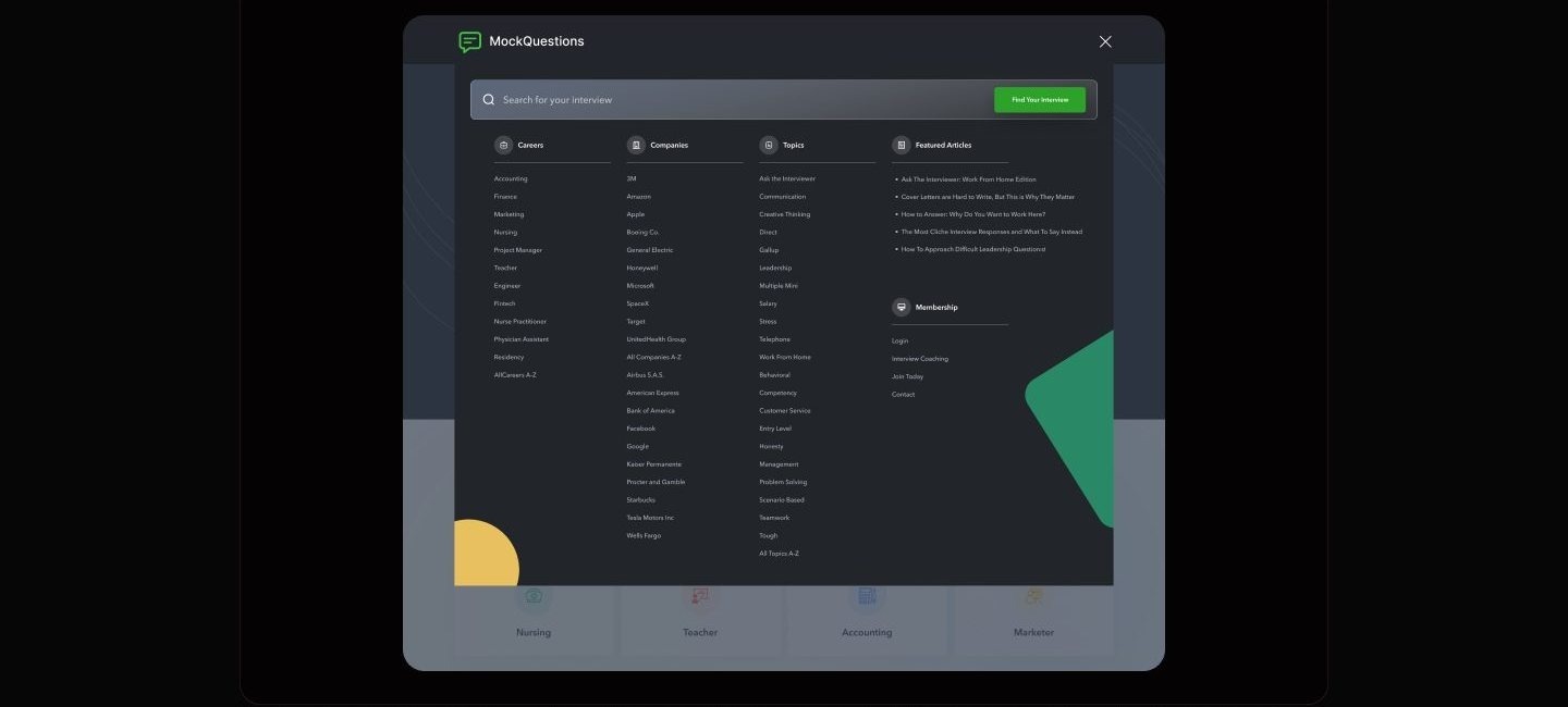 Full-screen dark search overlay with a prominent search bar and green call to action above four columns: careers such as Nursing and Fintech, companies such as Amazon and Google, interview topics, and featured articles.