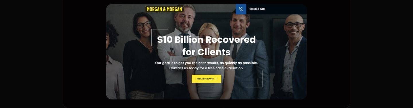Dark hero section with a group photo of attorneys, a bold recovered-for-clients headline, a phone number in the top bar, and a yellow free case evaluation button.