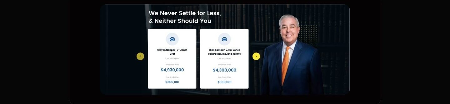 Navy section titled We Never Settle for Less with two white case cards, one showing a $4,930,000 award over a $300,001 pre-trial offer and the other a $4,300,000 award over a $330,001 offer, beside an attorney portrait.