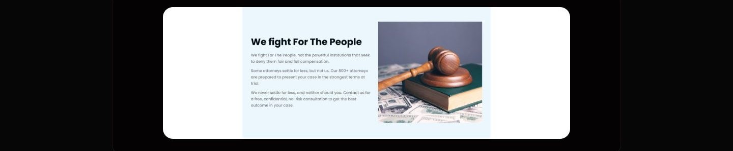 Light section titled We fight For The People with short paragraphs of plain-language copy beside a photo of a gavel resting on a book and cash.