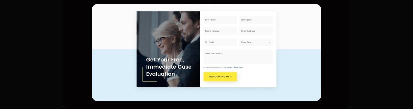 Form section titled Get Your Free, Immediate Case Evaluation with fields for name, phone, email, and zip code, a Case Type dropdown, a what happened text area, and a yellow Free Case Evaluation button beside a photo of two lawyers with a client.