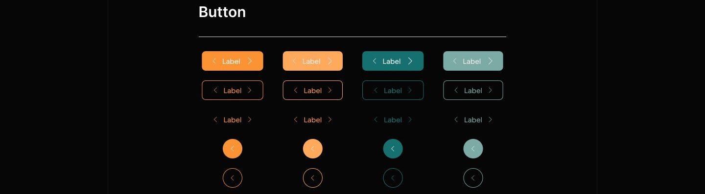 A button component sheet showing orange and teal pill buttons in filled, outlined, text-only, and circular icon variants, including muted disabled states.