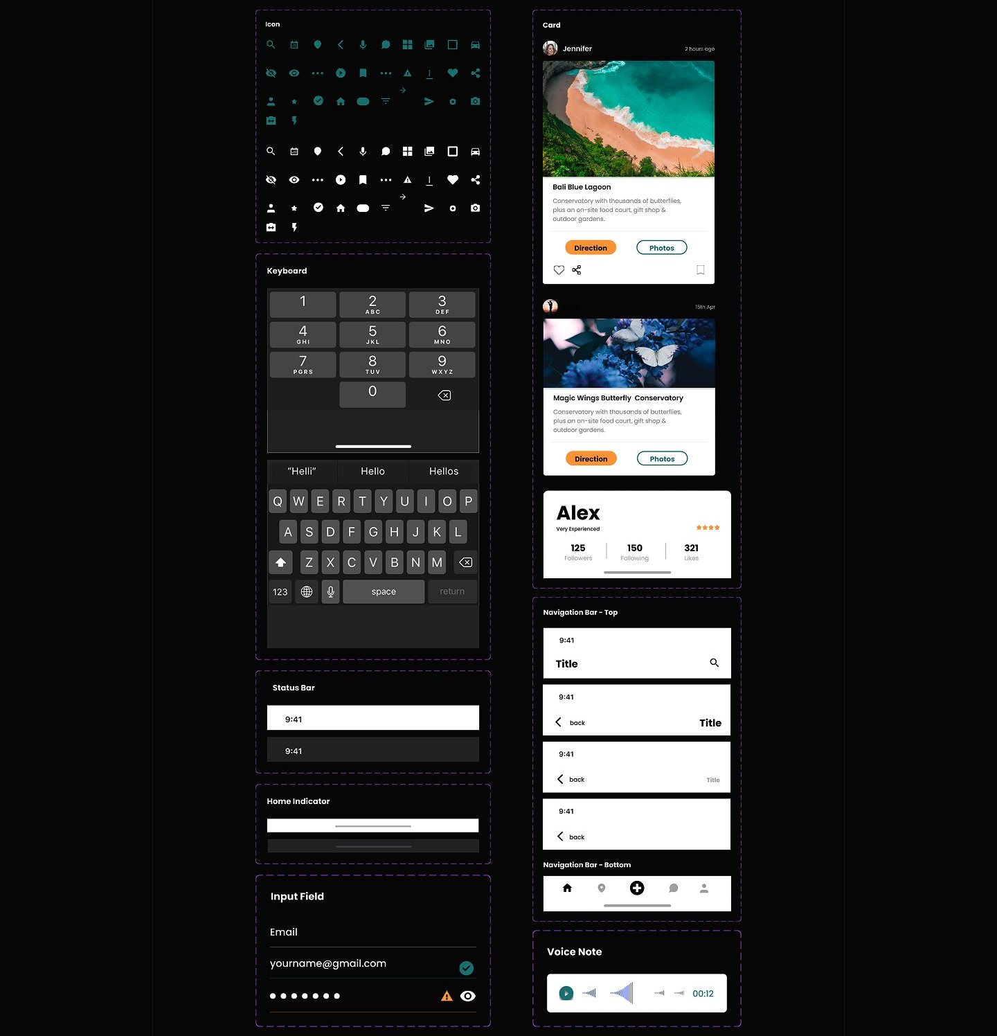 A UI kit sheet on a dark board with dashed outlines around each component group, showing teal icons, number and text keyboards, two destination post cards, a profile stat card, stacked navigation bar variants, and a voice note component.