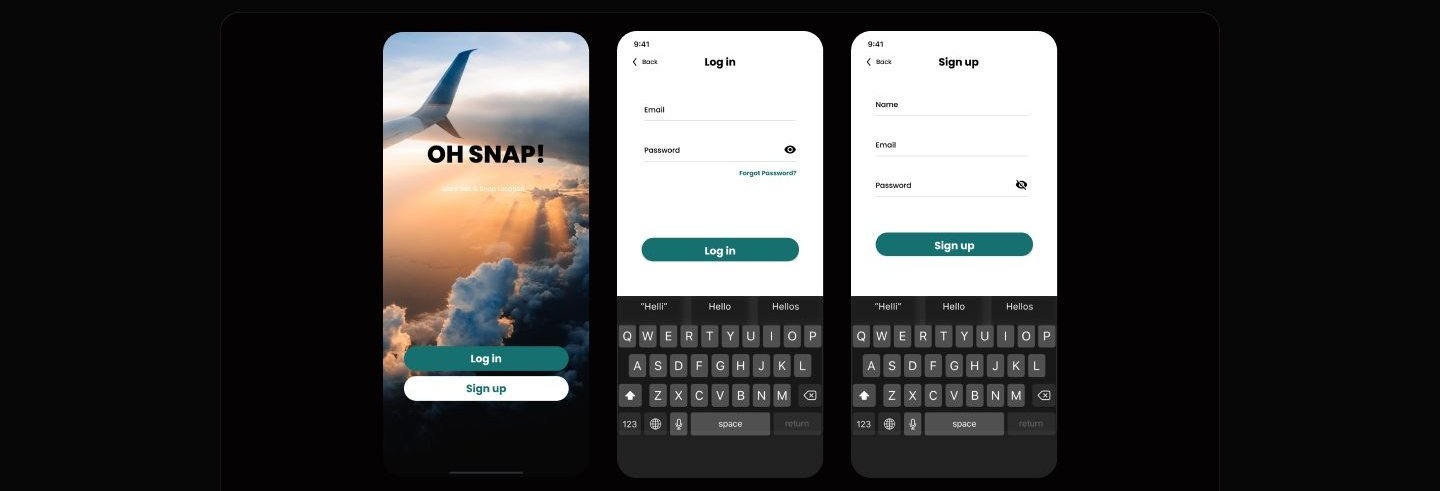 Three iPhone screens: a splash with an airplane wing photo and Oh Snap wordmark, then log in and sign up forms with teal buttons and static keyboards whose suggestion strip reads Helli above empty fields.