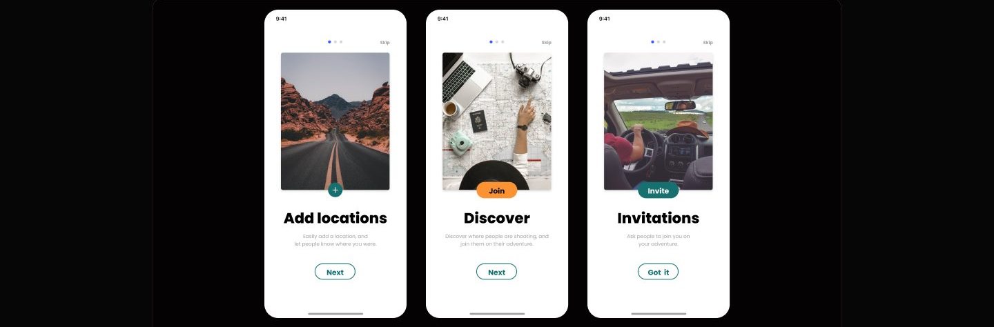 Three onboarding screens with travel photos and bold titles reading Add locations, Discover, and Invitations, each with a Next or Got it button.