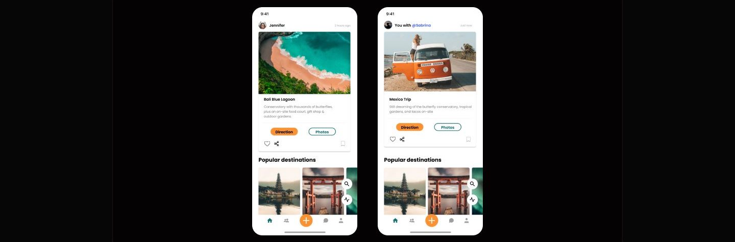 Two feed screens side by side, one showing a stranger's Bali post, the other a Mexico Trip post credited You with @Sabrina above a camper van photo.
