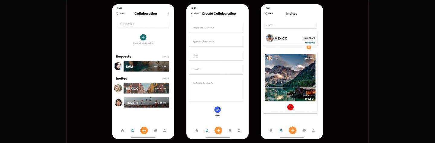 Three screens: a collaboration hub listing Requests and Invites, a Create Collaboration form with labeled fields, and an Invites list with approved and pending trip cards.