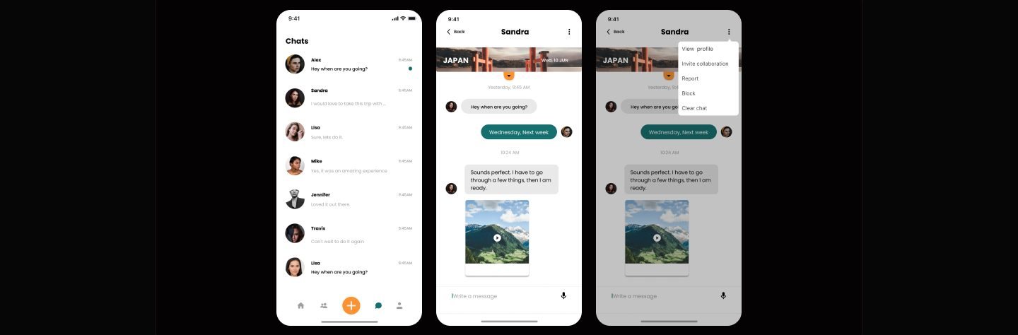 Three messaging screens: a chat list, a conversation about a Japan trip with a shared video, and the same chat with a menu showing Invite collaboration, Report, and Block.