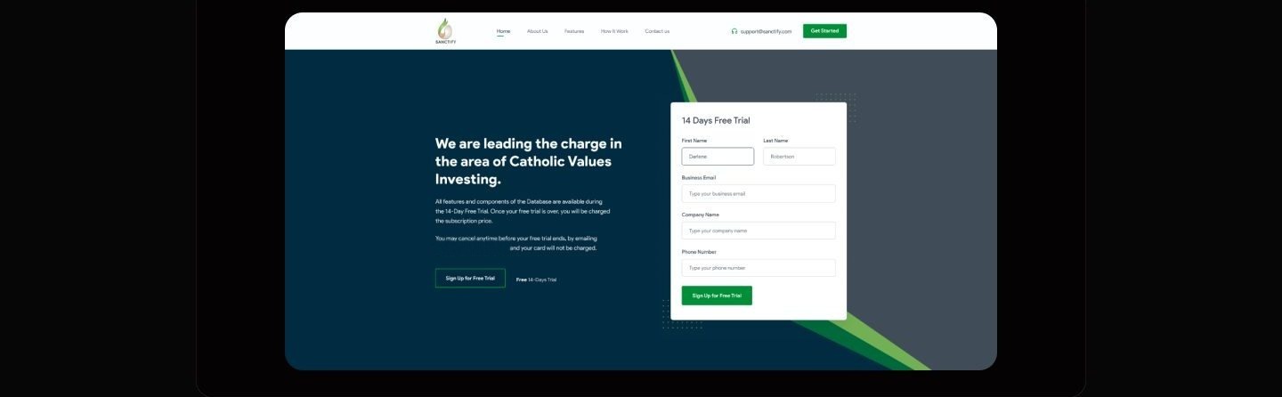 Sanctify homepage hero: dark navy background, white headline about Catholic values investing, and a white 14-day free trial signup form with name, email, company, and phone fields.