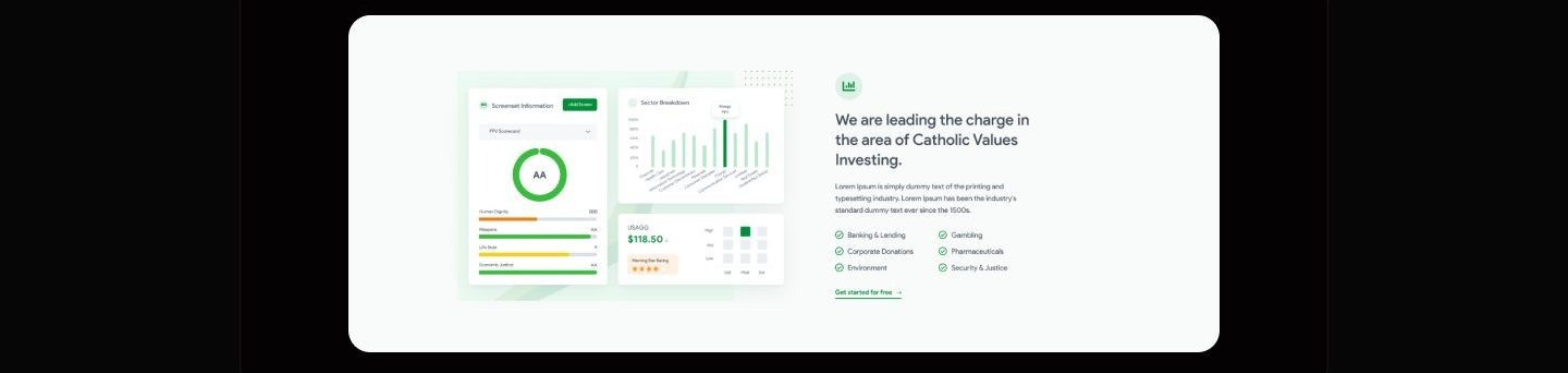 Marketing section pairing an AA rating ring over category score bars, a sector breakdown chart, and a market value card with a headline about Catholic values investing above placeholder body copy.