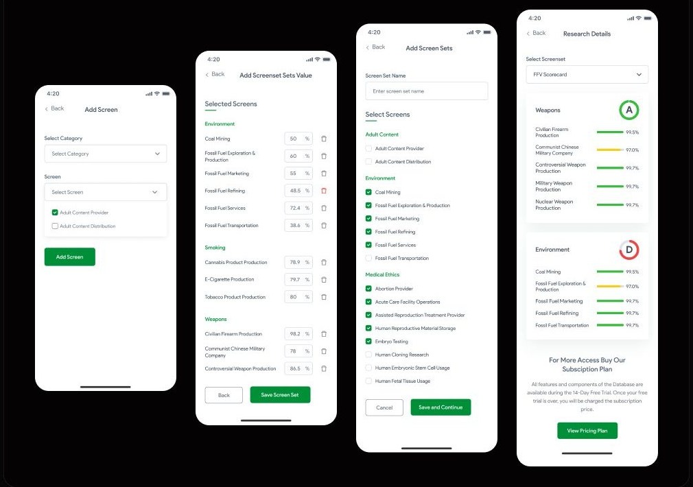 Four mobile screens of the Add Screenset flow: a category and screen picker, a weighting screen with editable value fields grouped under Environment, Smoking, and Weapons, a checklist for naming the set, and a Research Details report with letter grades.