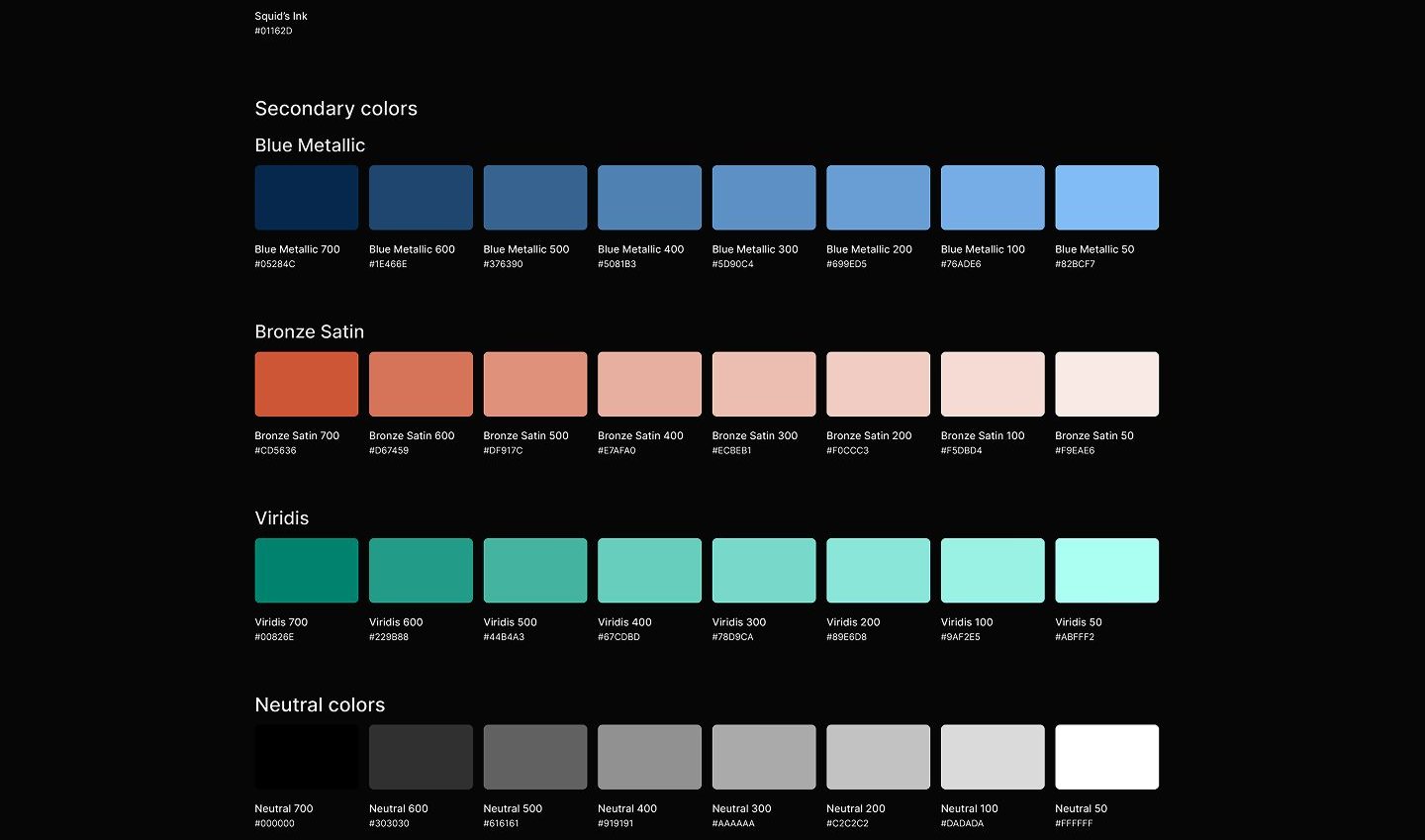 Color sheet showing the Squid's Ink primary and three secondary ramps, Blue Metallic, Bronze Satin, and Viridis, each in eight tonal steps with hex values, plus neutrals.