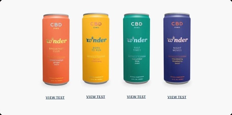 Four W*nder can variants in orange, yellow, green, and navy, each with a View Test link underneath.